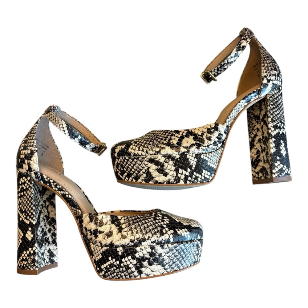 Aldo Pumps Womens 6‎ Black White Snakeskin Block Heels Round Toe Ankle Strap - Picture 5 of 12